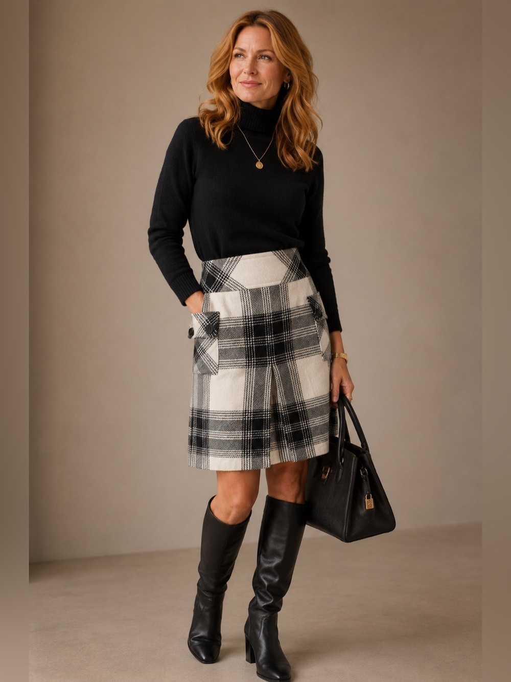 Talbots Petites Black Cream Plaid Front Pleat Wool Blend Skirt Size 6 Classic